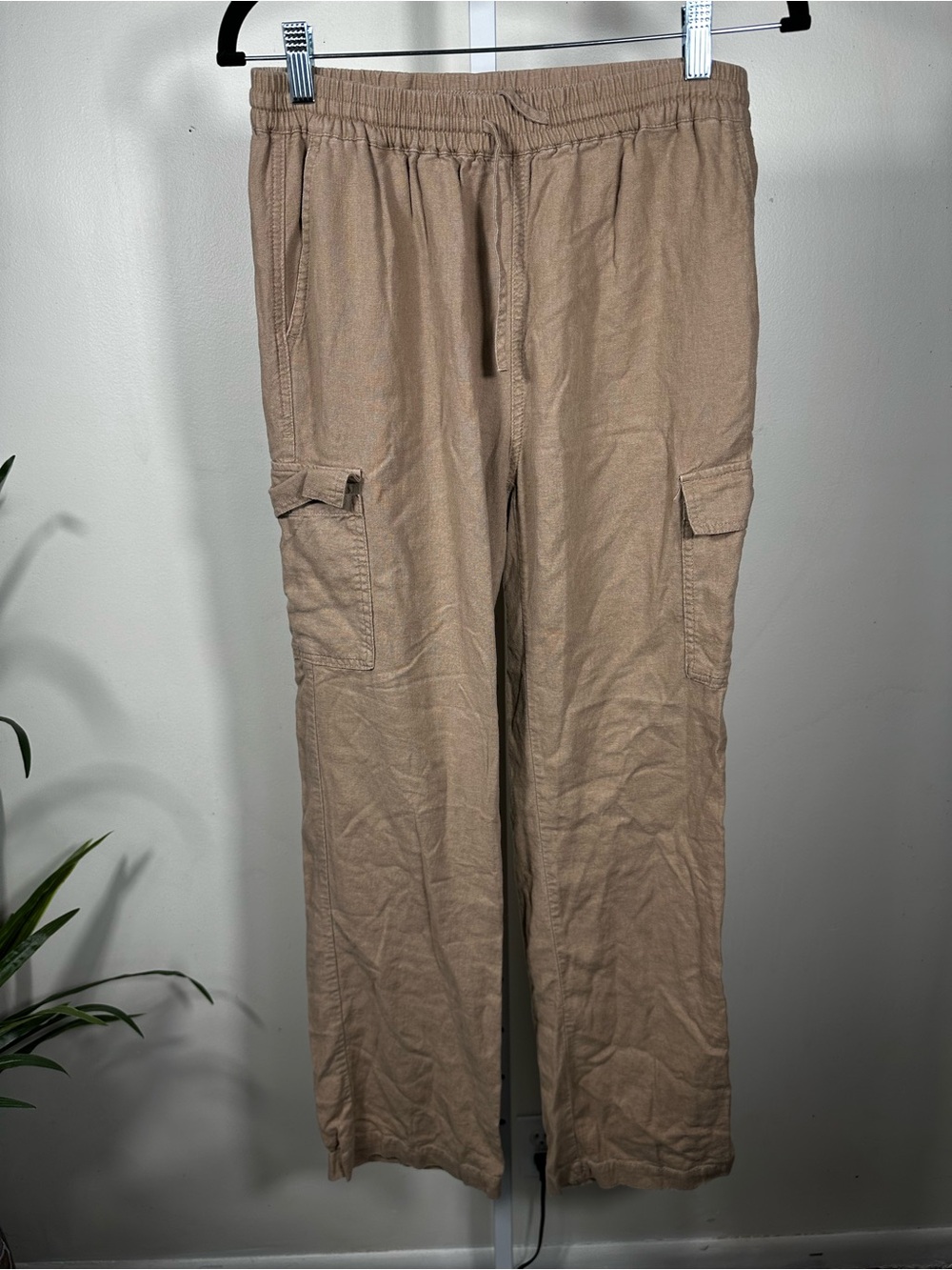N94. Love Tree Linen Blend Cargo Pants M Taupe Drawstring Wide Leg Utility